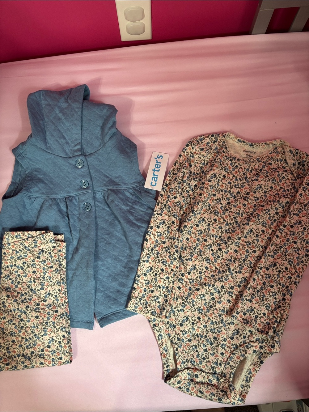 Carter's Blue Quilted Hooded Vest with Floral Long-Sleeve Bodysuit Set